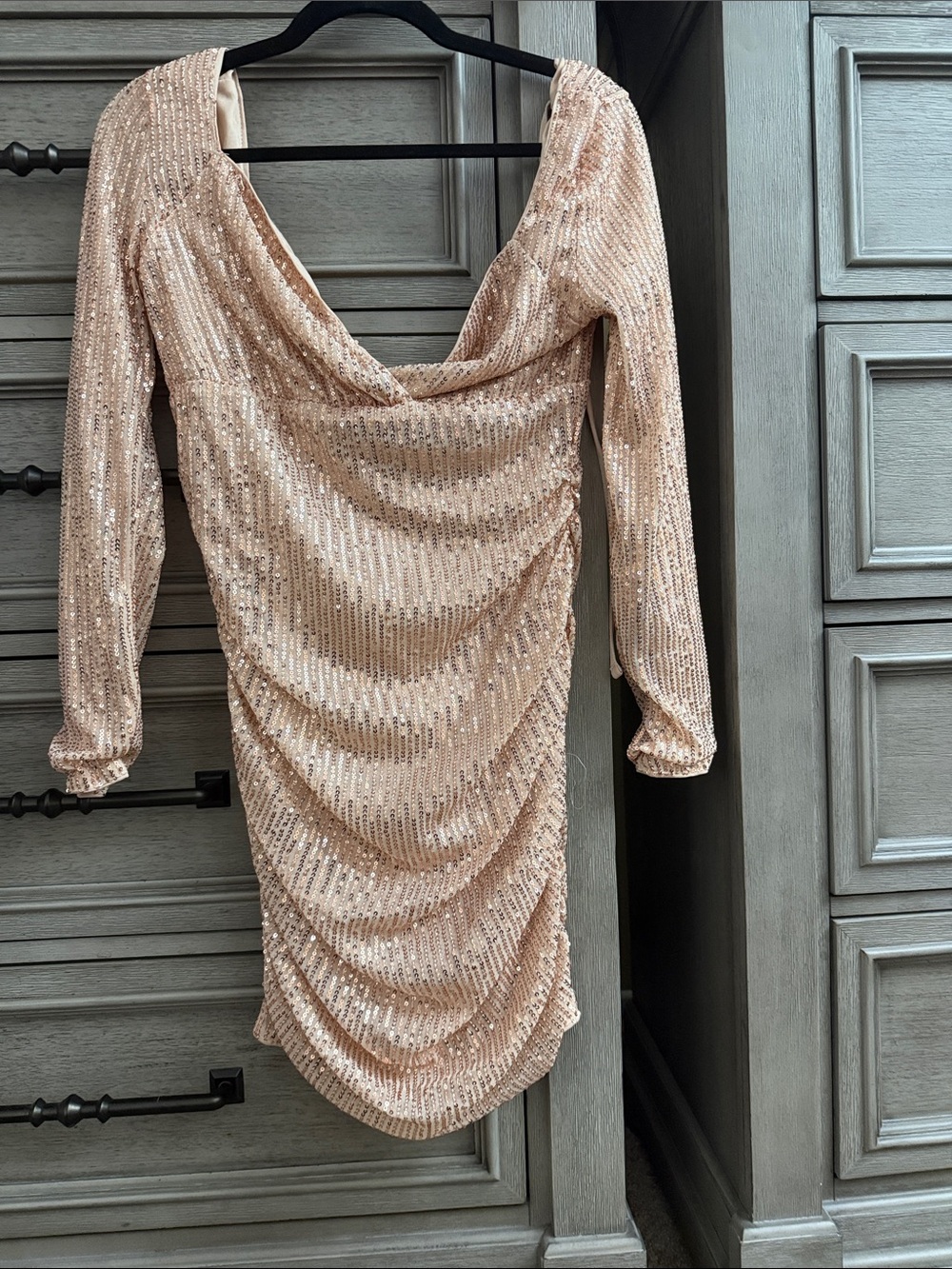 Sequin Drape Long-Sleeve Mini Dress in Blush